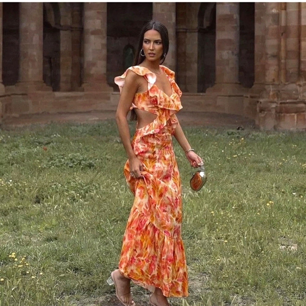 ZARA MAXI DRESS Printed Orange SIZE L & XL - Picture 12 of 16